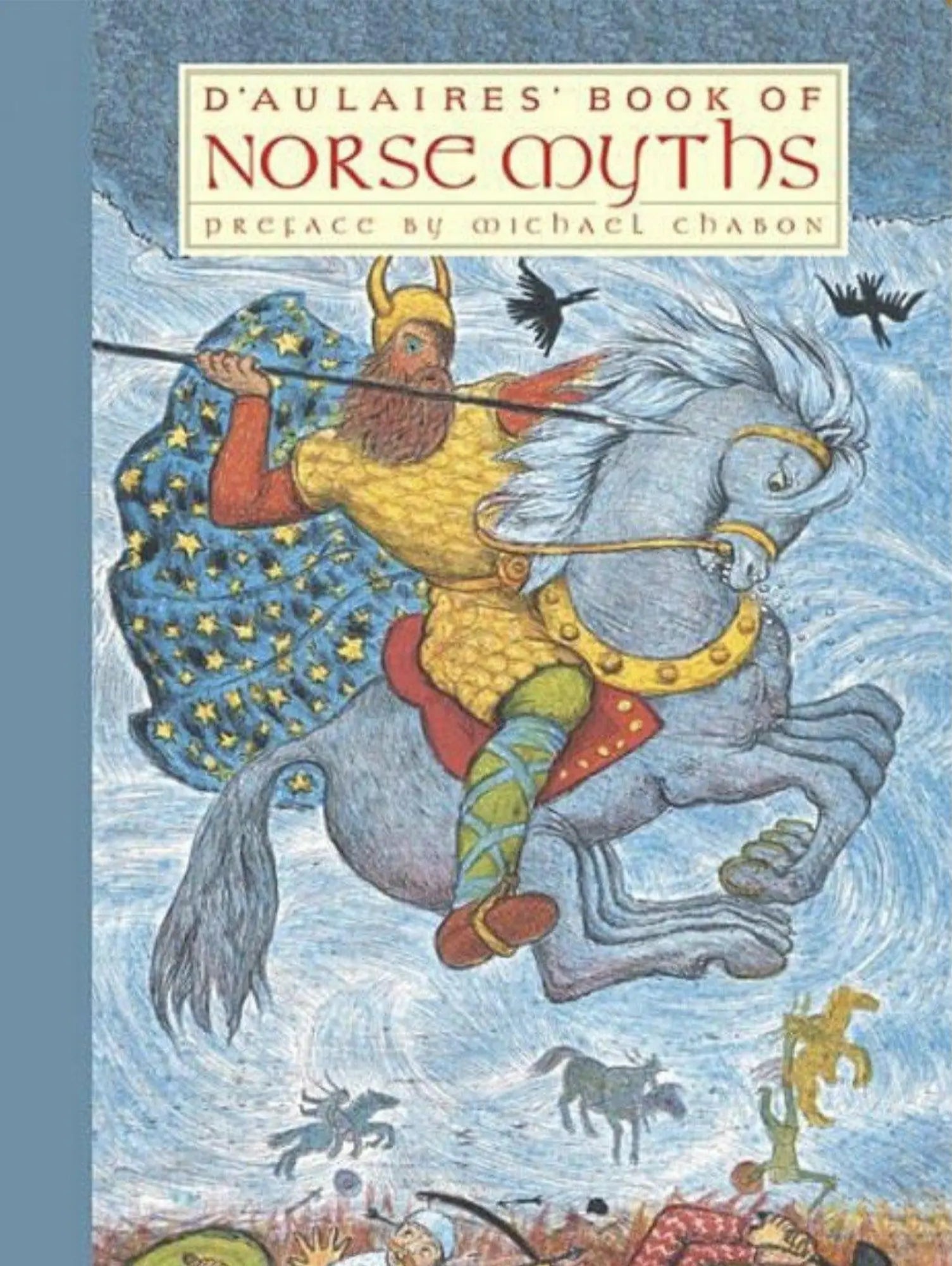 Book cover of 'D'Aulaires' Book of Norse Myths' with a illustration of a warrior on a horse.