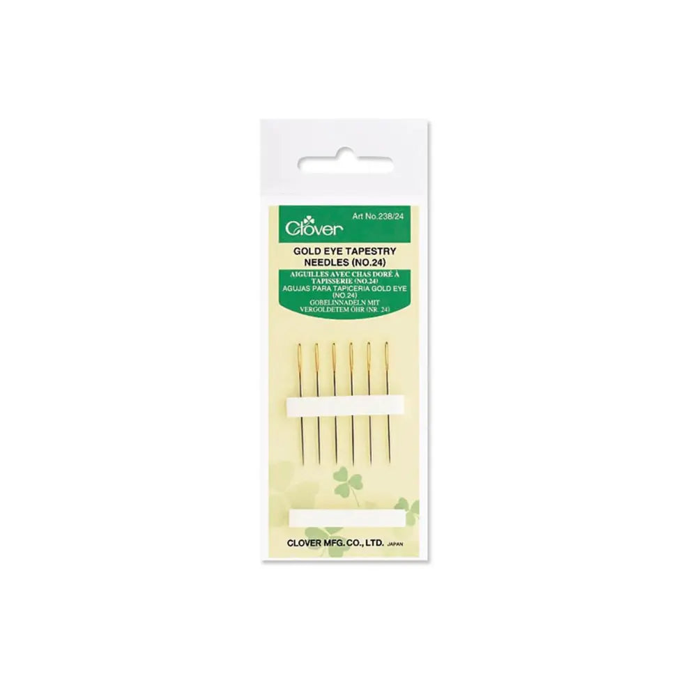 Package of Gold Eye Tapestry Needles by Clover on a white background