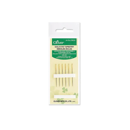 Package of Gold Eye Tapestry Needles by Clover on a white background