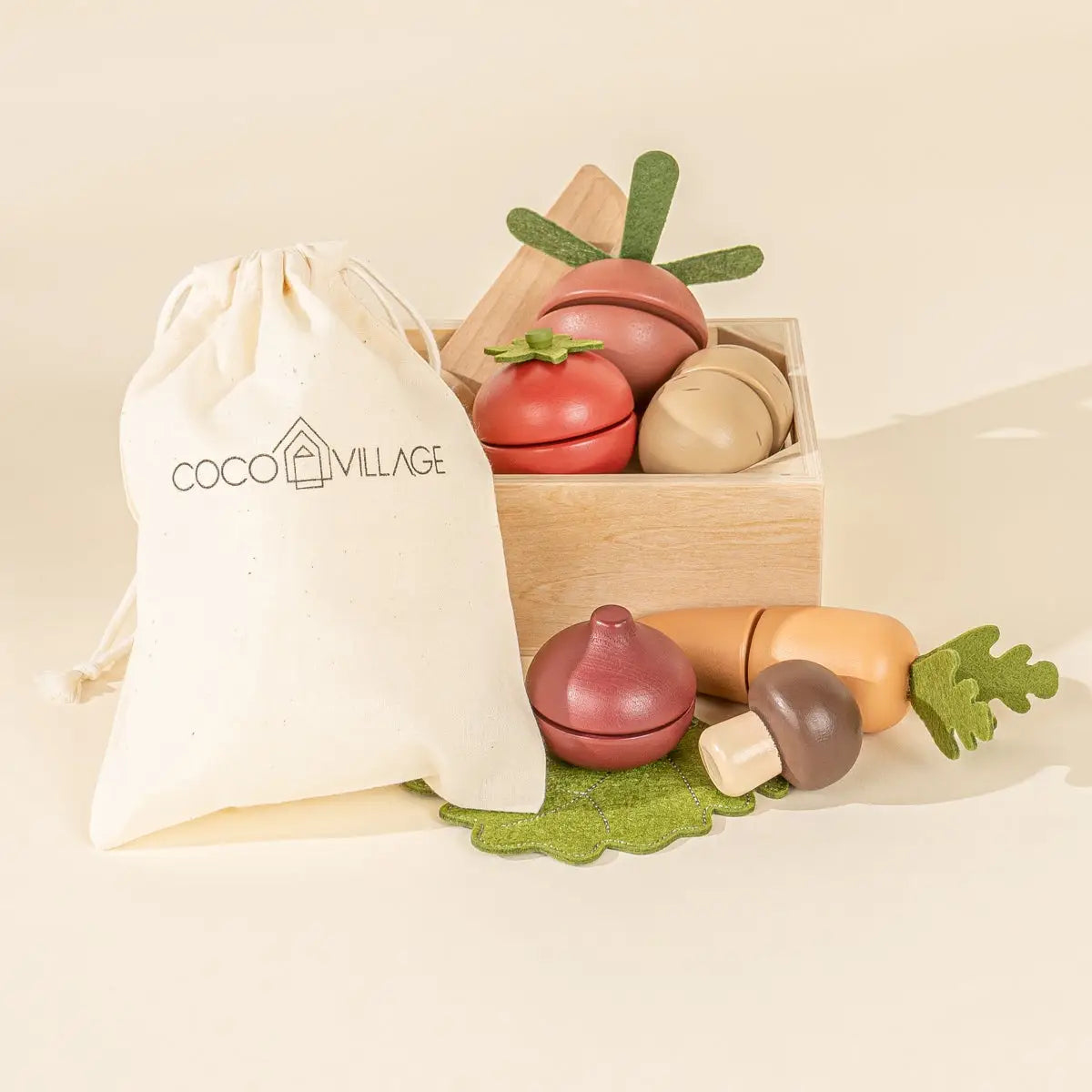 Coco Village wooden vegetable playset with storage bag