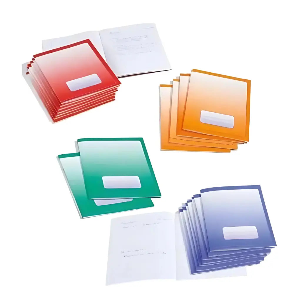 College Ruled A5 Exercise Books in red, orange, green, and blue four-book sets with open lined pages.