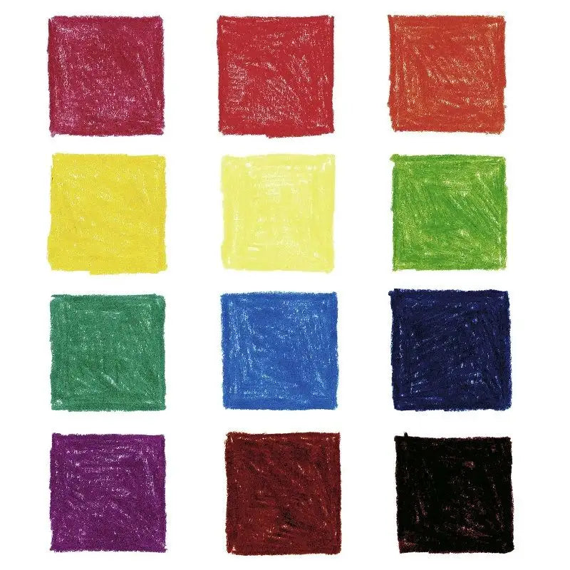 colored pencil swatch chart showing 12 vibrant hues from mercurius colour giants set