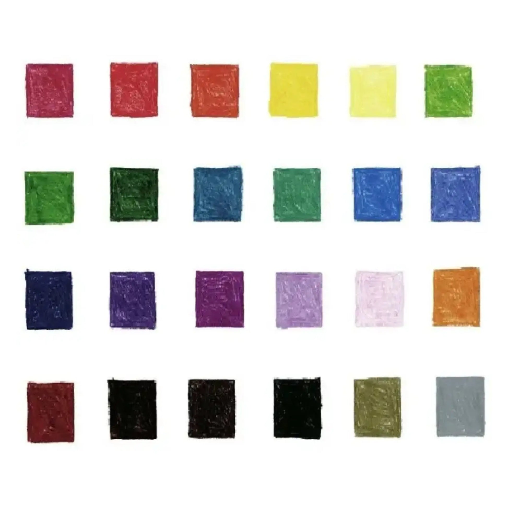 colored pencil swatch chart showing 24 color range with layered tones and shading variation