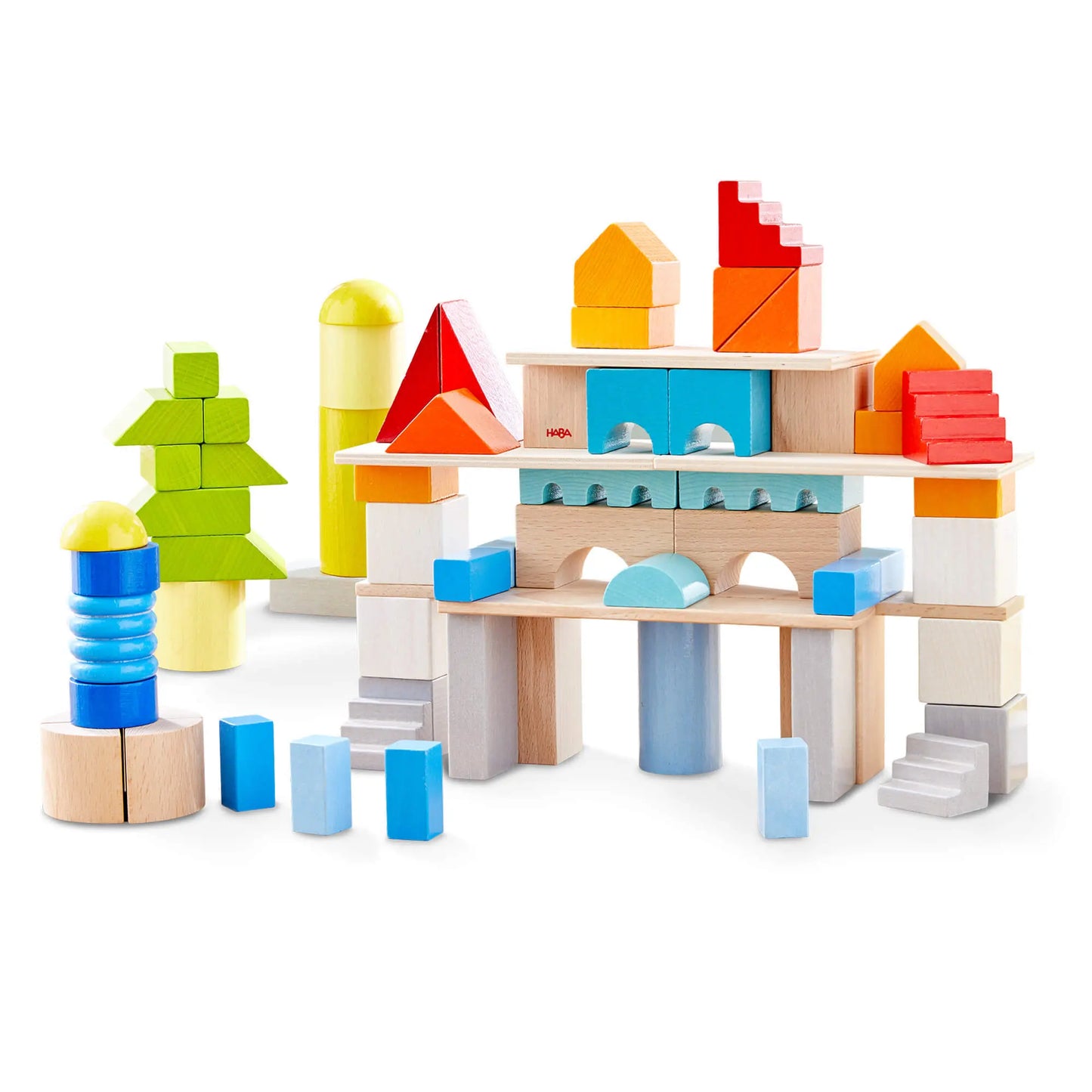 Colorful wooden building blocks on a white background