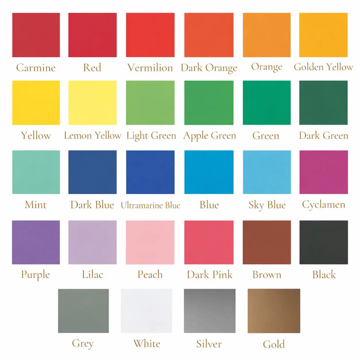 Color swatch chart with various color names of woodless English cardboard