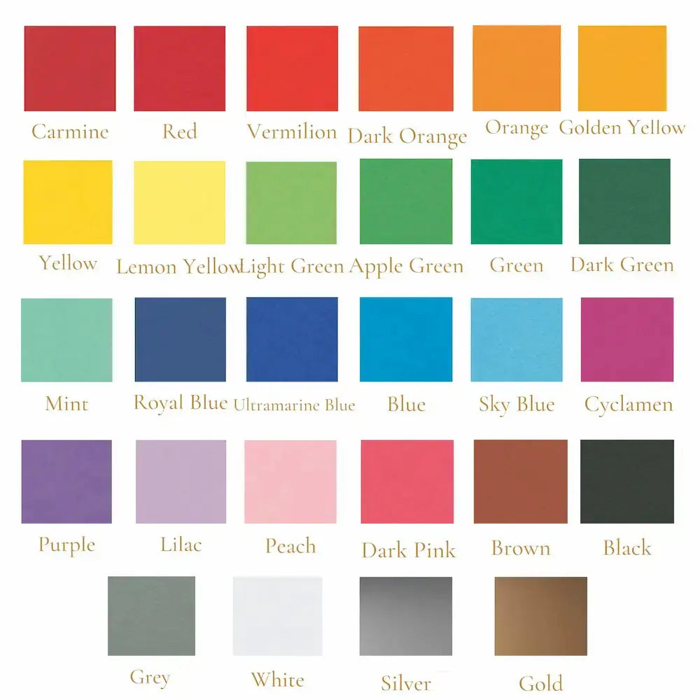 Color swatch chart with various color names of woodless English cardboard