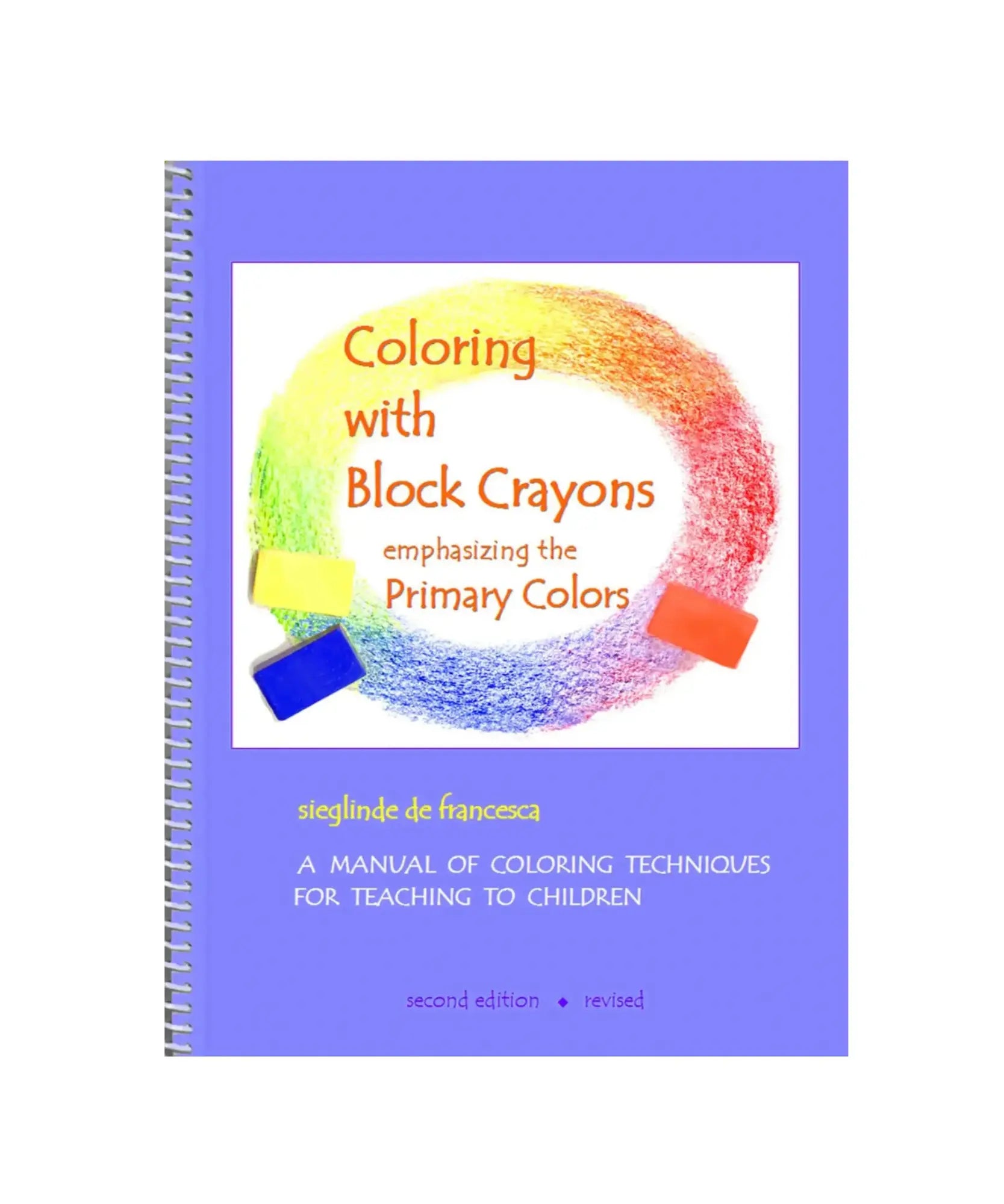 Book titled 'Coloring with Block Crayons emphasizing the Primary Colors' on a white background