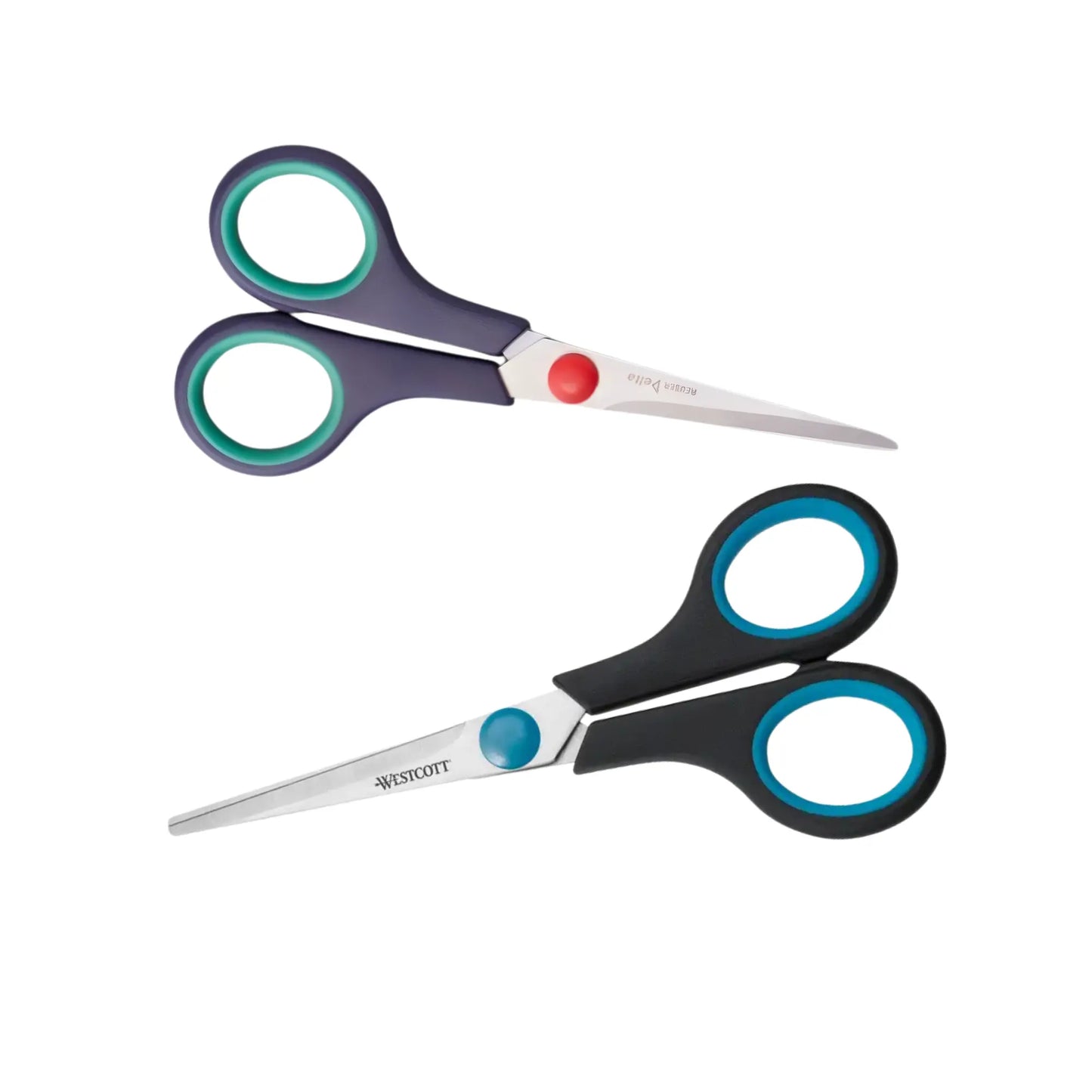 Pair of ergonomic ambidextrous scissors with black handles and blue accents on a white background