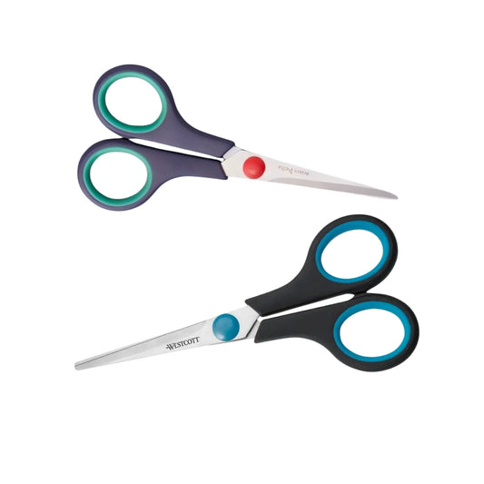 Pair of ergonomic ambidextrous scissors with black handles and blue accents on a white background