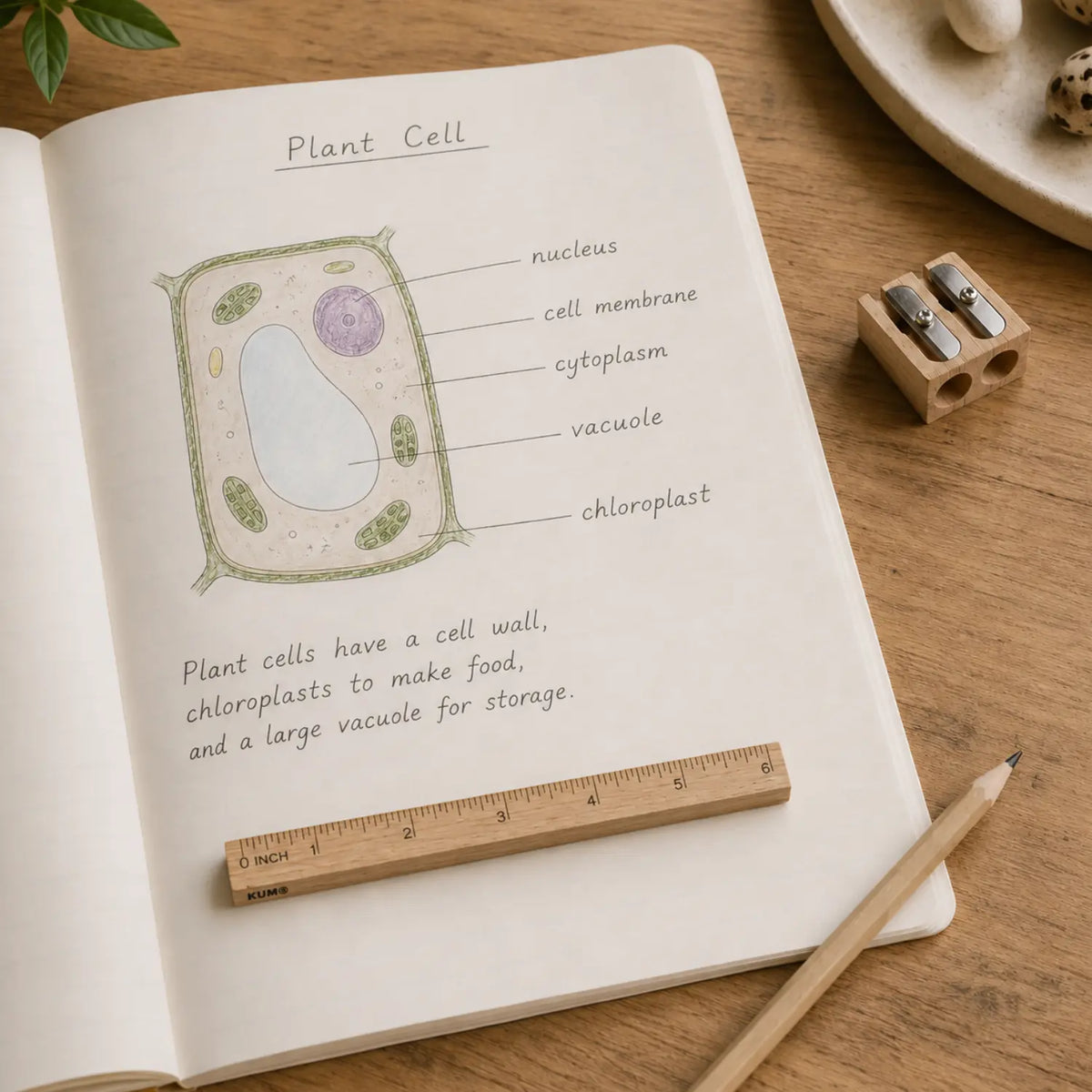 Compact 6-inch, 15 cm wooden ruler and straight edge beside a plant cell science notebook drawing