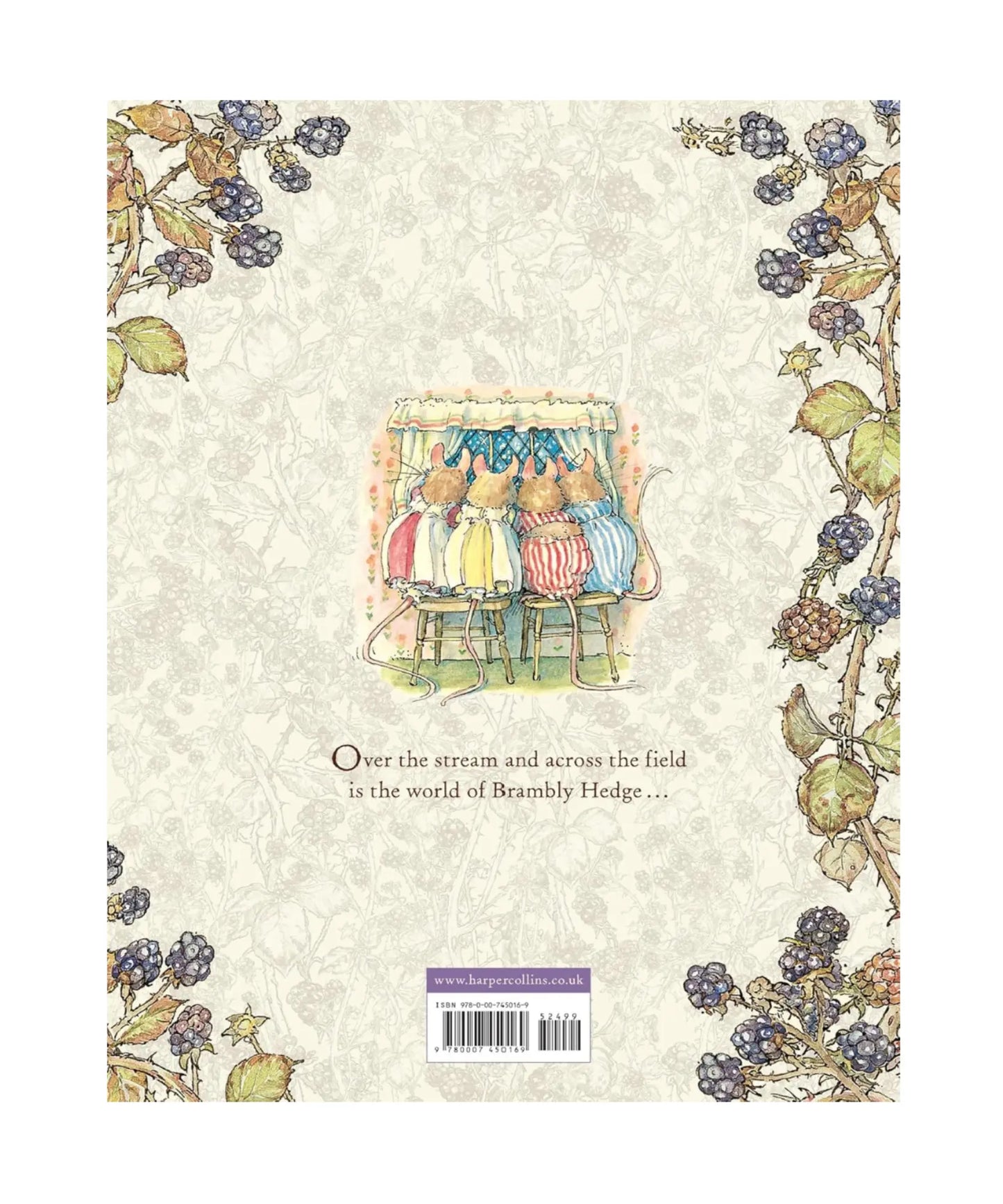 Back cover of The Complete Brambly Hedge by Jill Barklem with blackberry branches and four mice seated at a window