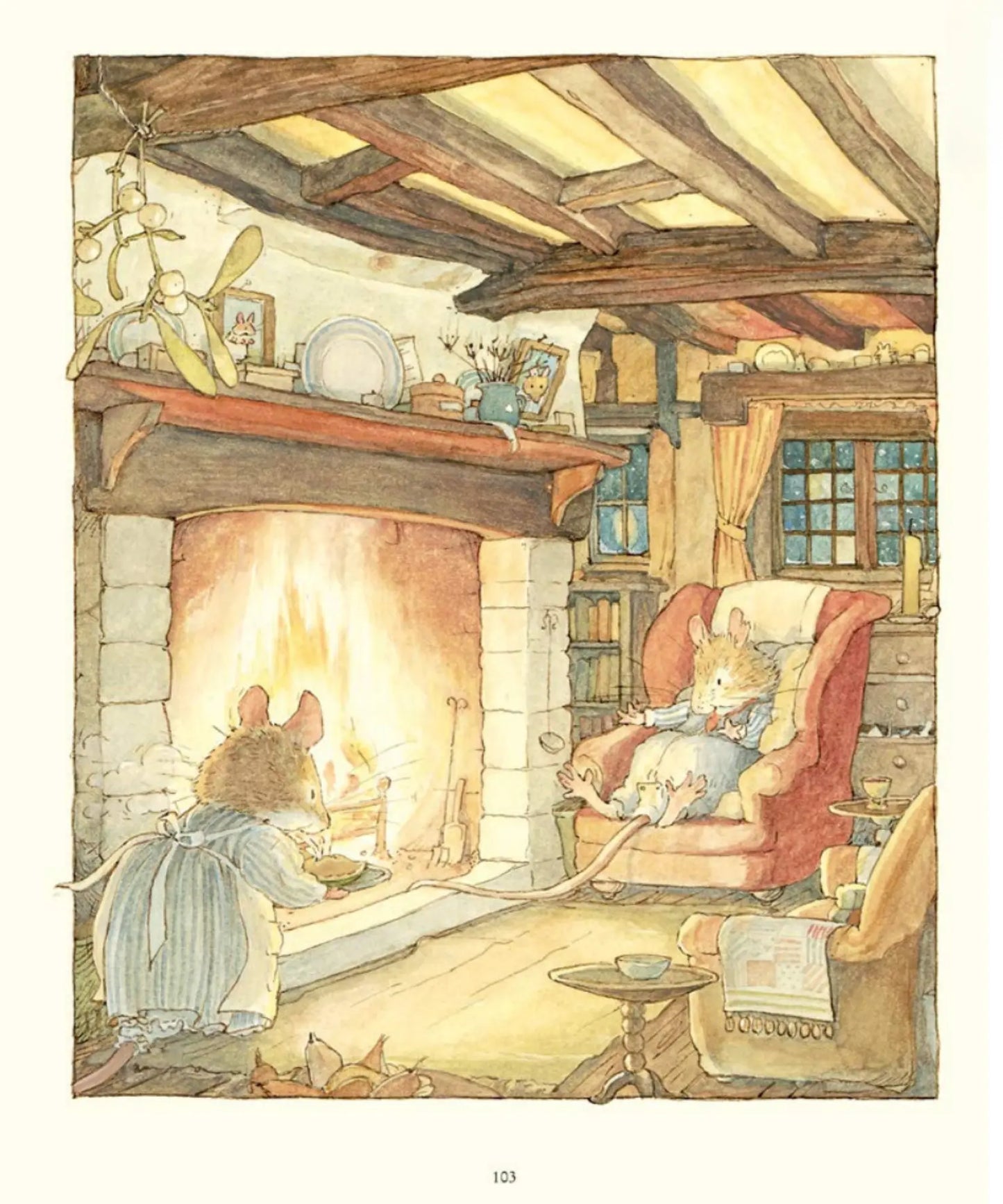 Brambly Hedge illustration by Jill Barklem showing a mouse family gathered beside a glowing fireplace in a cozy cottage
