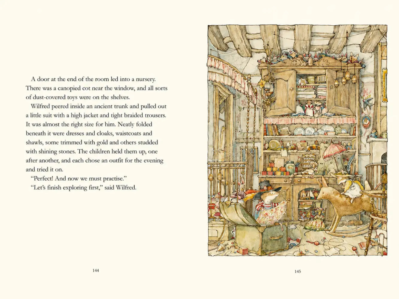 Brambly Hedge nursery illustration by Jill Barklem with mice exploring a room filled with toys, clothes, and a rocking horse