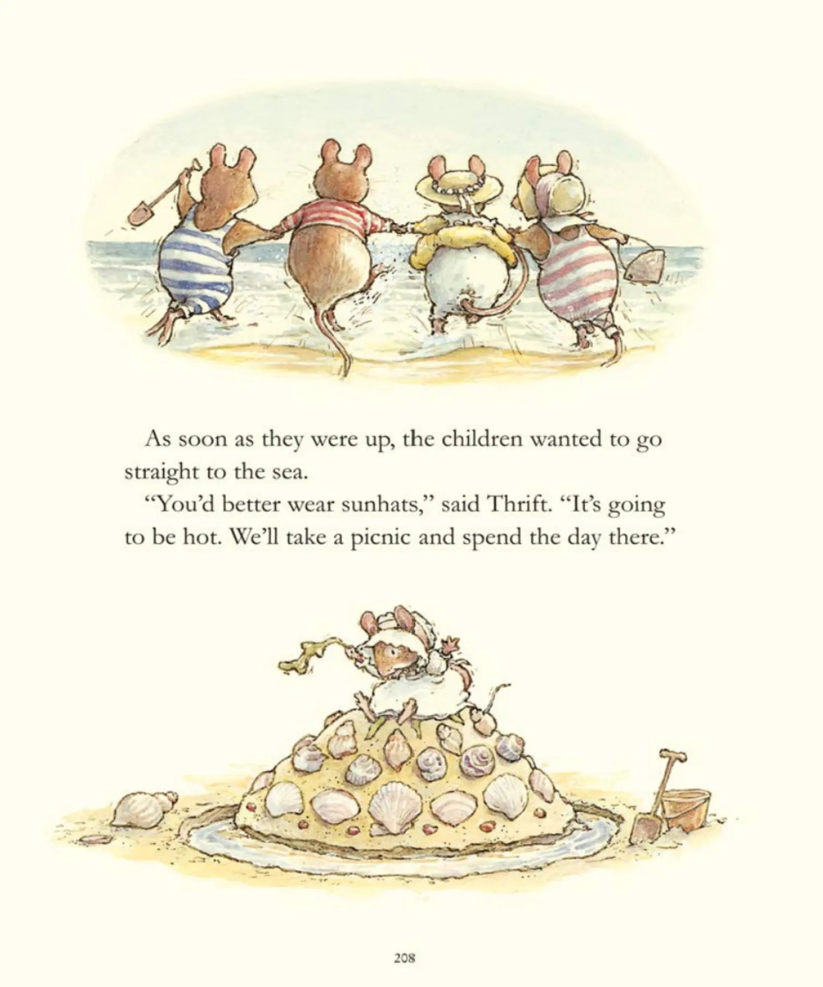 Brambly Hedge illustration by Jill Barklem showing four young mice running into the sea and a mouse atop a shell-covered sandcastle
