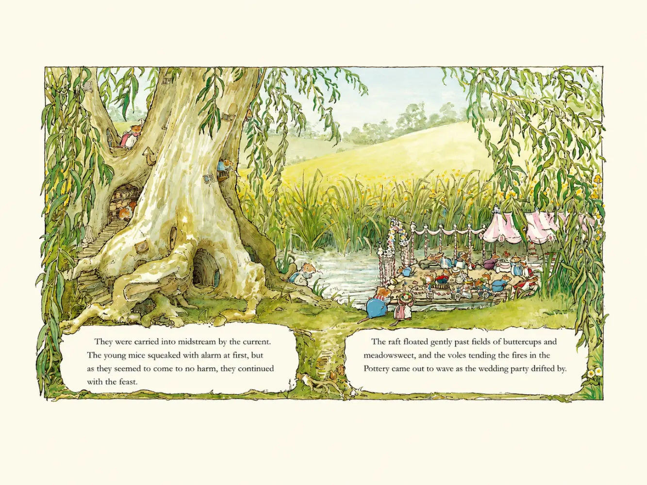 Brambly Hedge illustration by Jill Barklem showing a mouse wedding party drifting along the river on a decorated raft