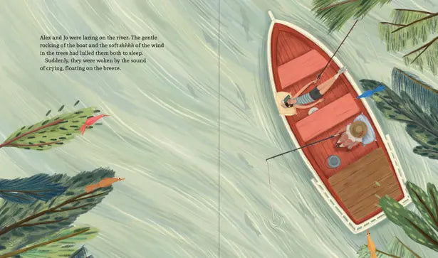 Illustration of a boat on water with people inside, surrounded by trees and leaves.