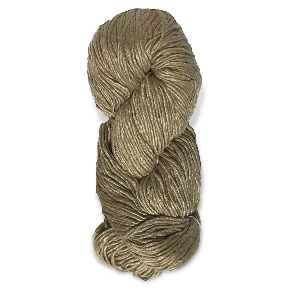 Hank of tan mulberry silk yarn on a white background