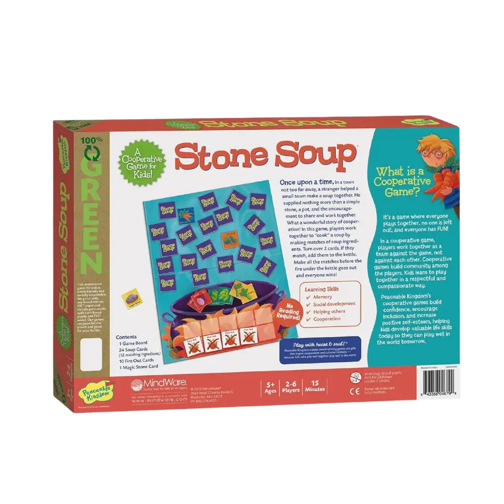 Back of Stone Soup cooperative board game box with gameplay details