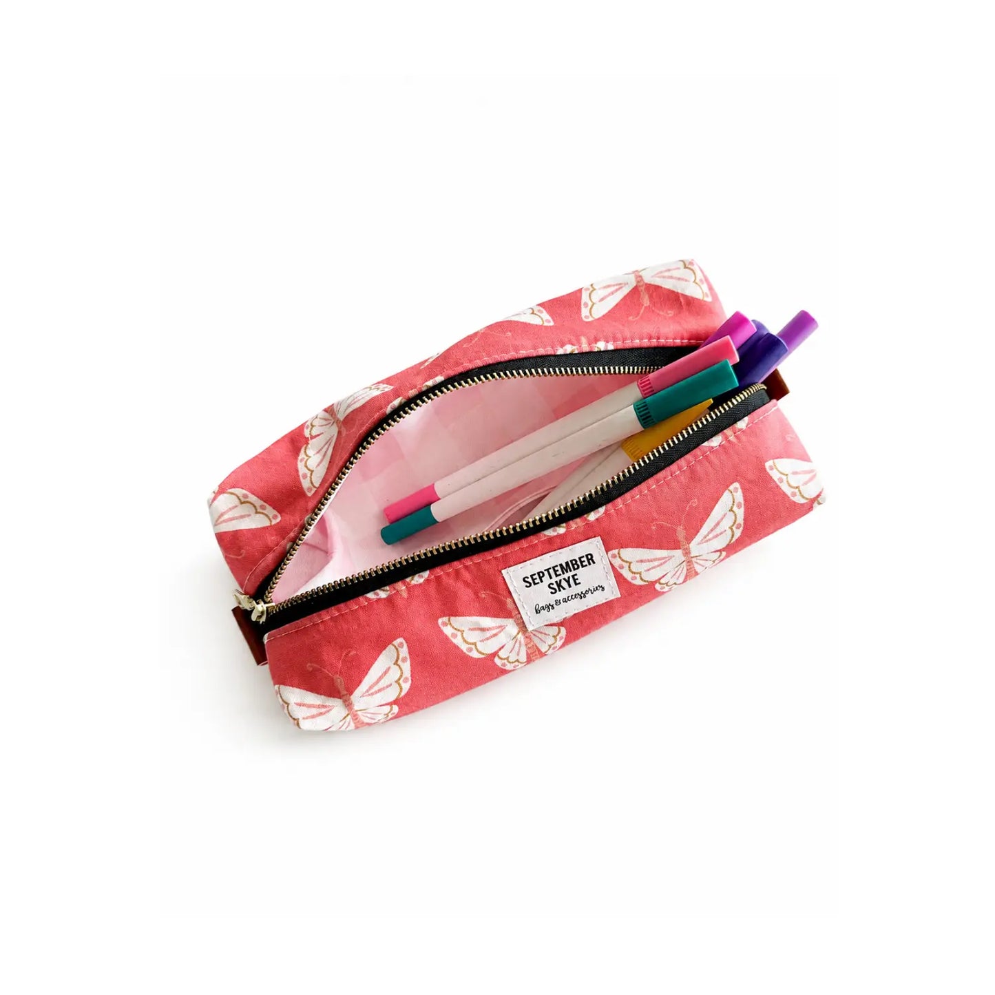 A coral and cream butterfly cotton pencil pouch open with markers on a white background