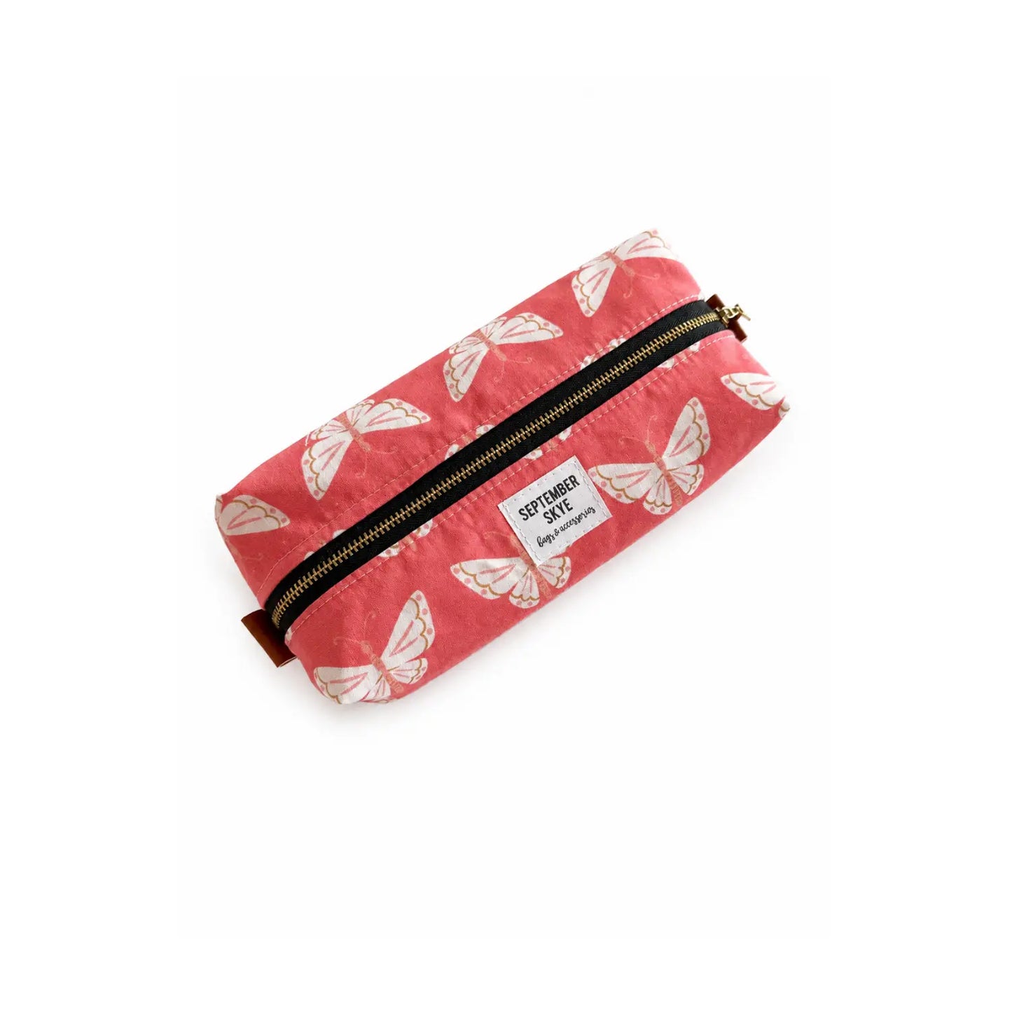 A coral and cream butterfly cotton pencil pouch on a white background
