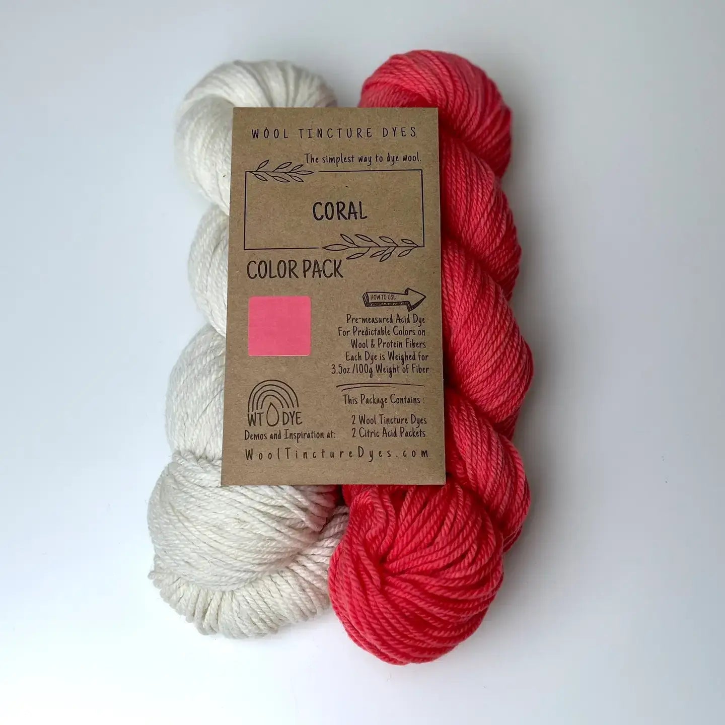 Coral Wool Tincture tea bag dye color pack with undyed yarn and coral pink sample color.