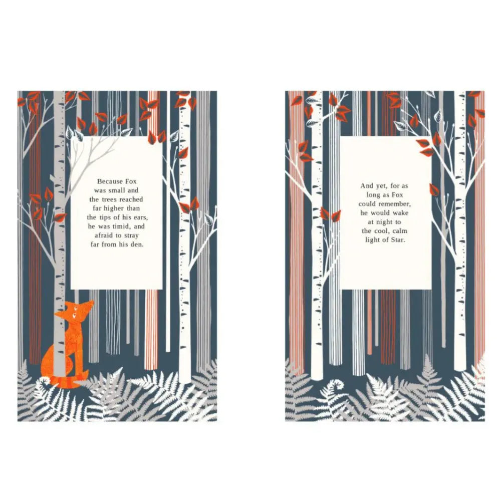 Two book covers with fox illustrations and text against a forest background.