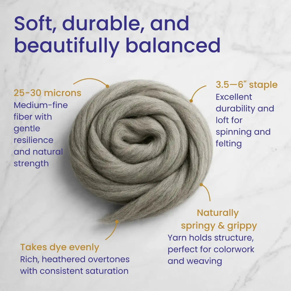 Natural gray Corriedale wool combed top spinning and felting fiber showing microns, staple, and color