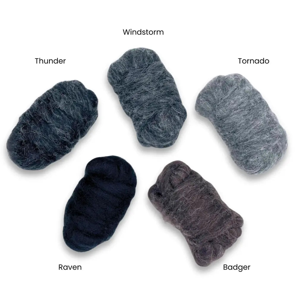 five dark colored Corriedale wool silver felt