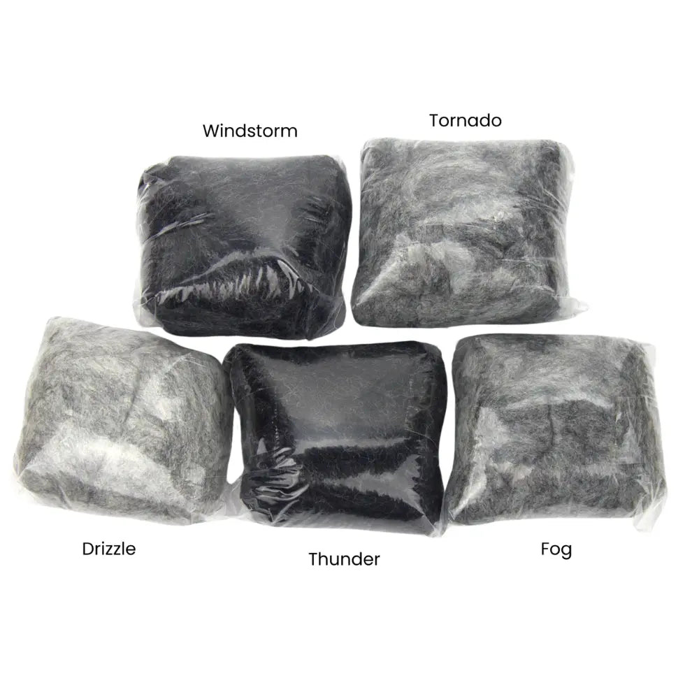 Five grey tone Corriedale wool sliver for felting with name labels for each color
