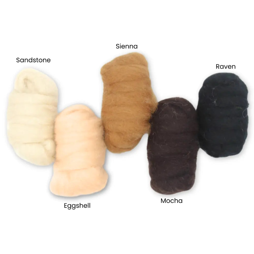 a group of Corriedale wool silver bundles in sandstone, eggshell, sienna, mocha, and raven