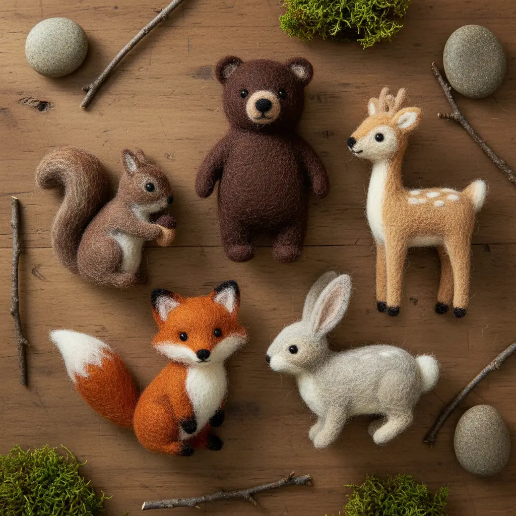 Wooden surface with felt animal toys including a bear, deer, squirrel, fox, and rabbit.