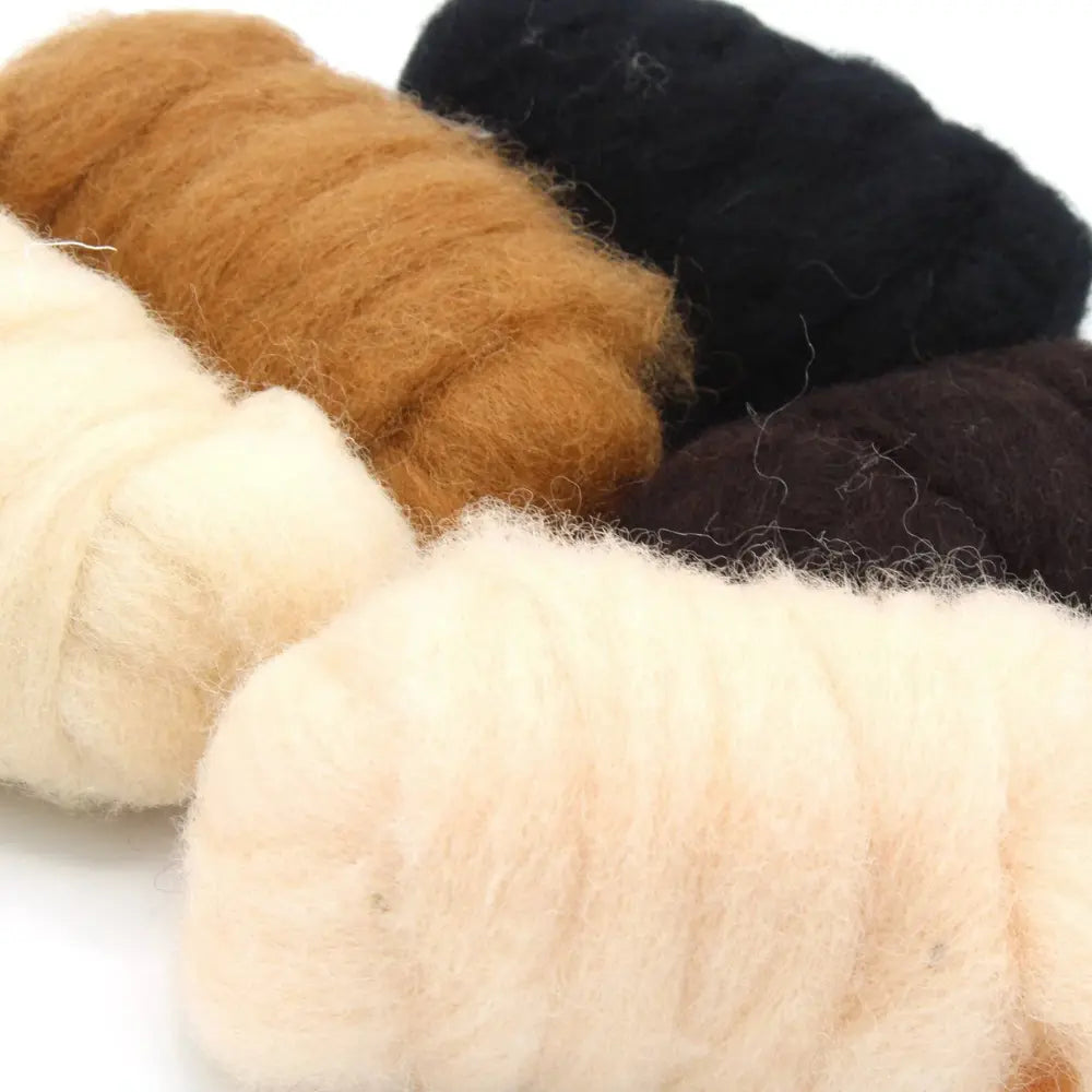 a group of Corriedale wool silver in natural animal colors cream, tan, brown, mocha, and black