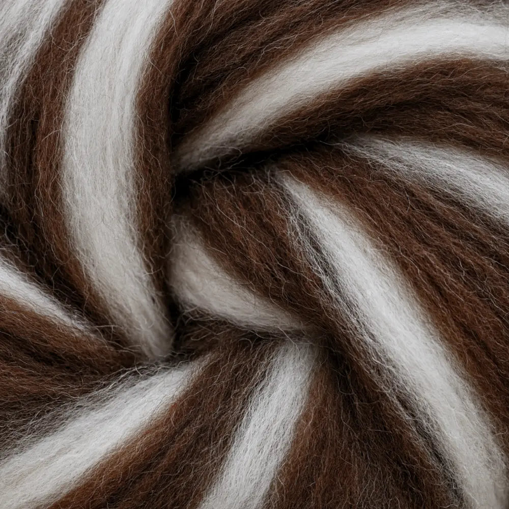 Close-up of brown and white yarn twist
