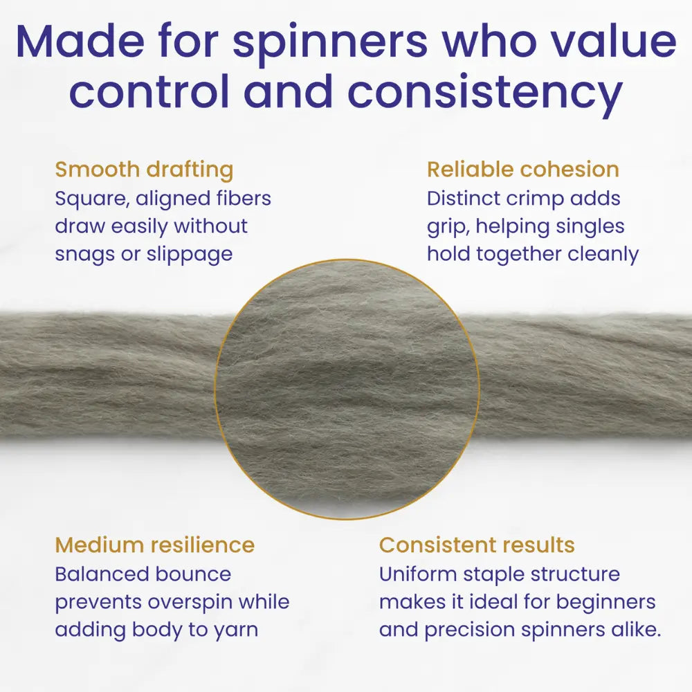 Natural gray Corriedale wool combed top spinning and felting fiber closeup 