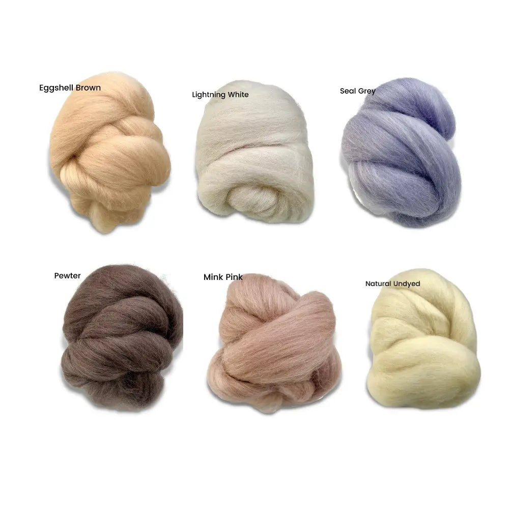 Neutral colored Corriedale wool top bundle for spinning fiber with color labels