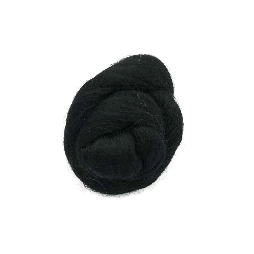Black Corriedale wool spinning fiber on a white background