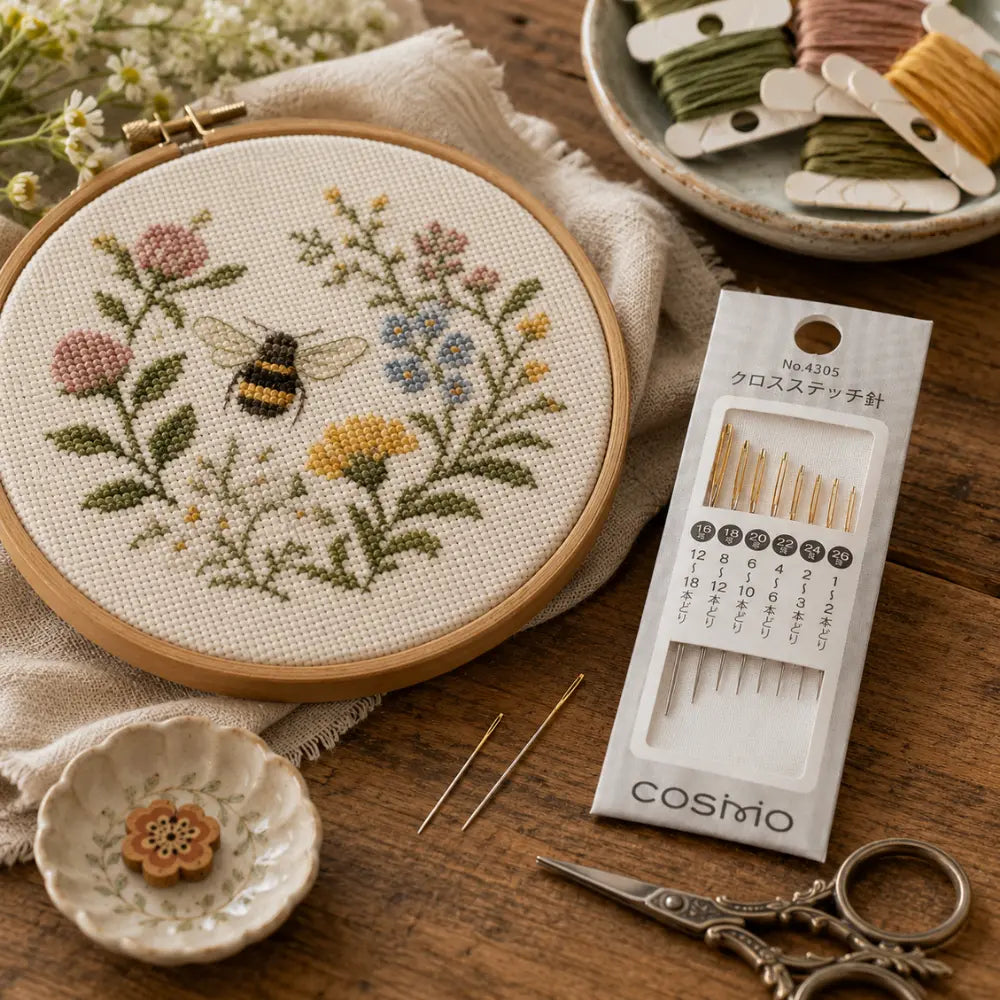 Embroidery hoop with floral and bee design,Cosmo needle package, scissors, and thread on a wooden surface.