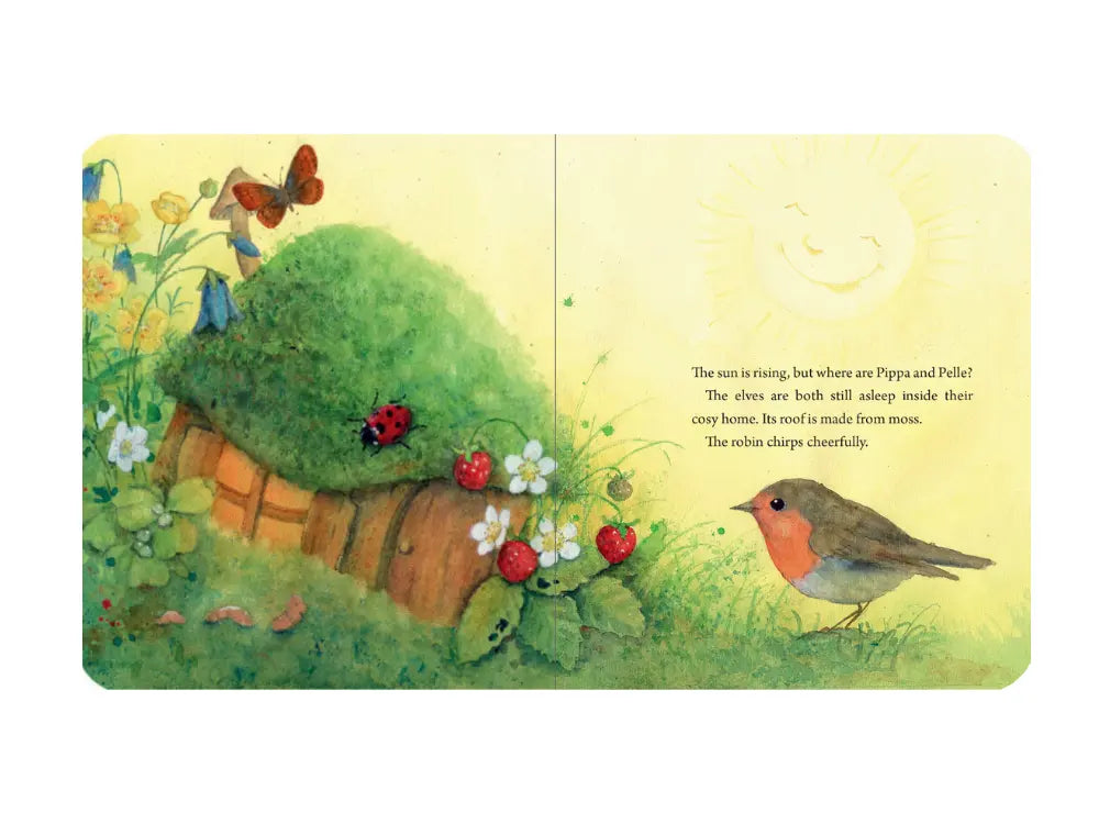 illustration of a robin, strawberries, moss gnome home from a toddler board book