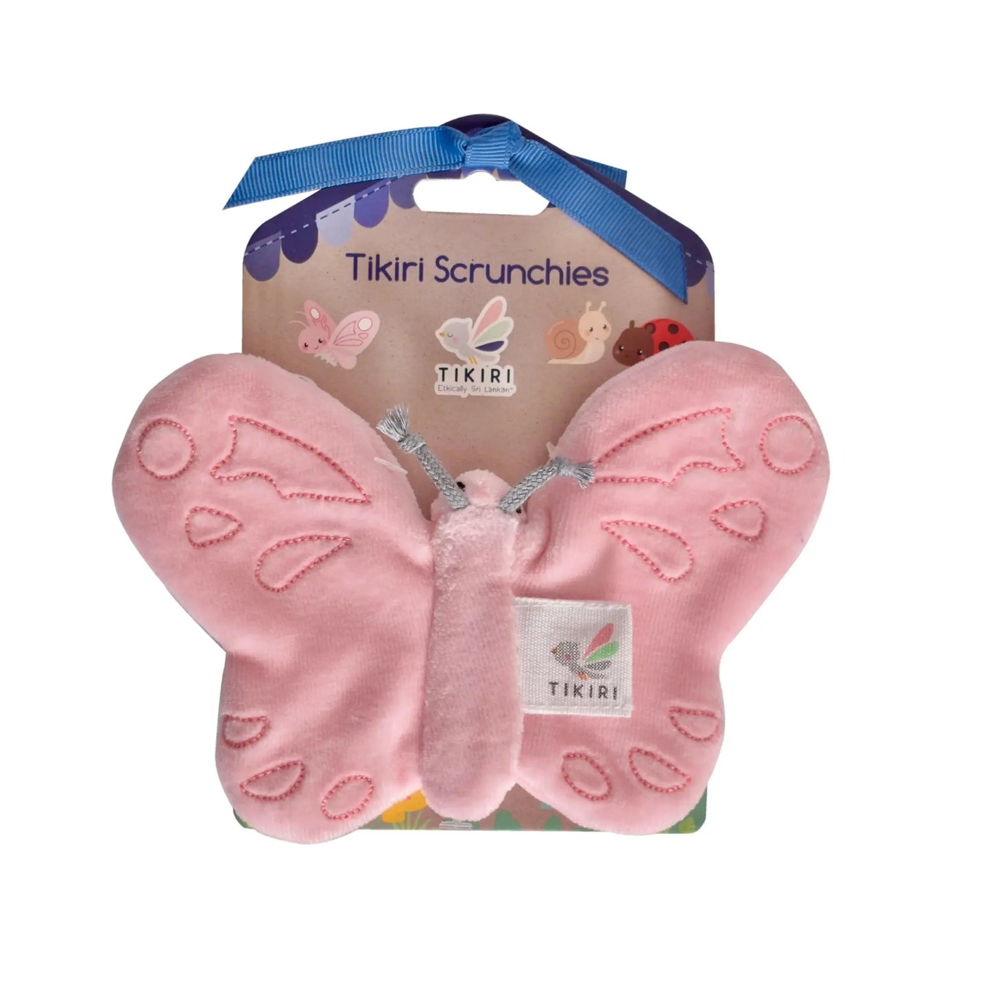 Tikiri Scrunchies pink butterfly sensory toy on white background