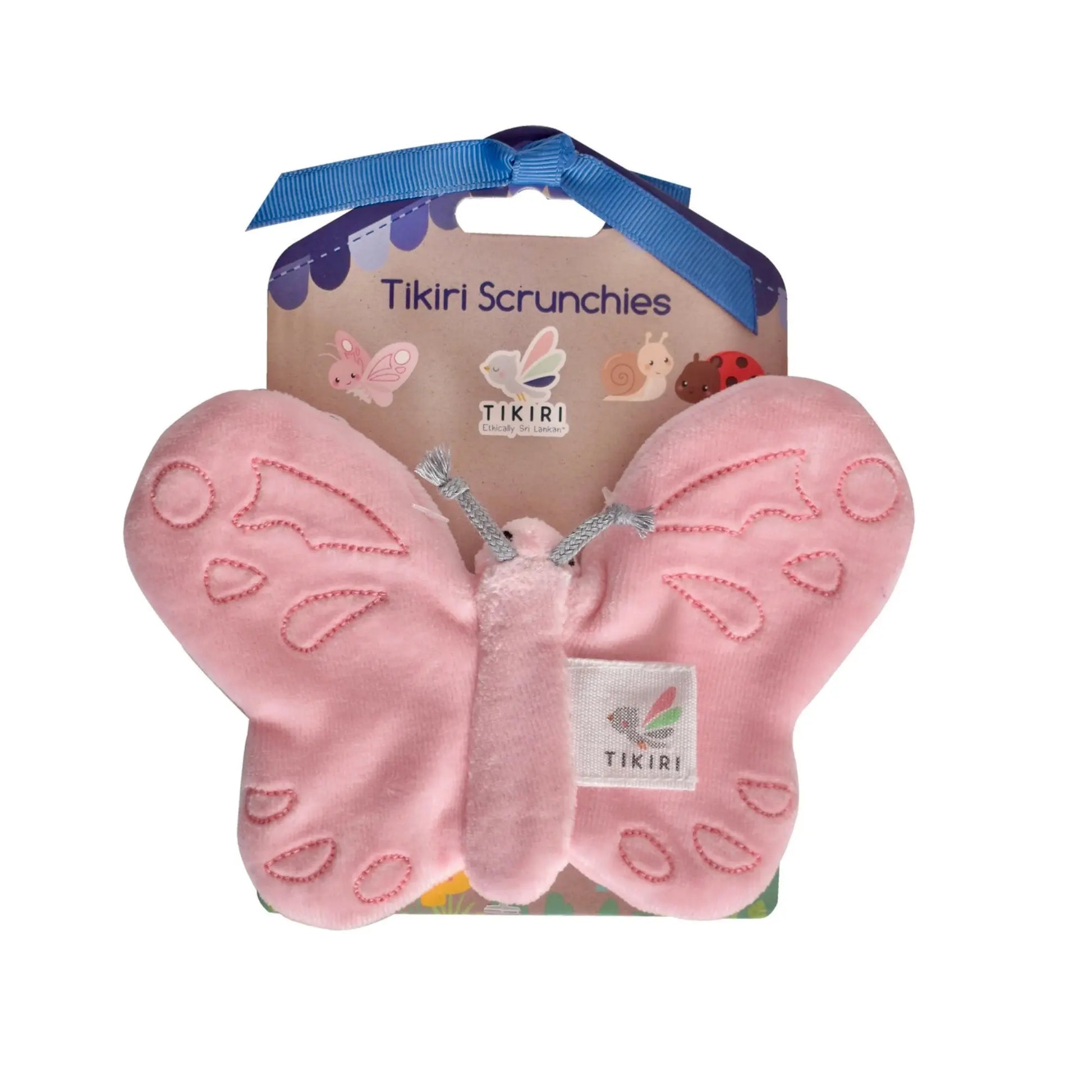 Tikiri Scrunchies pink butterfly sensory toy on white background