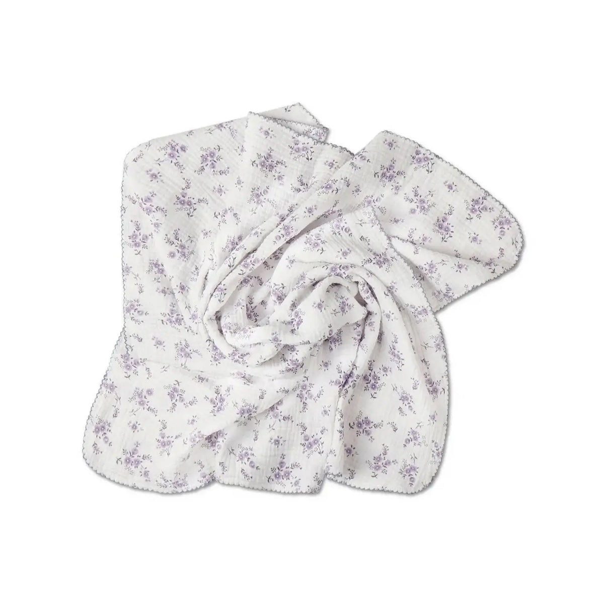 Close-up of lavender floral cotton swaddle blanket with delicate picot trim