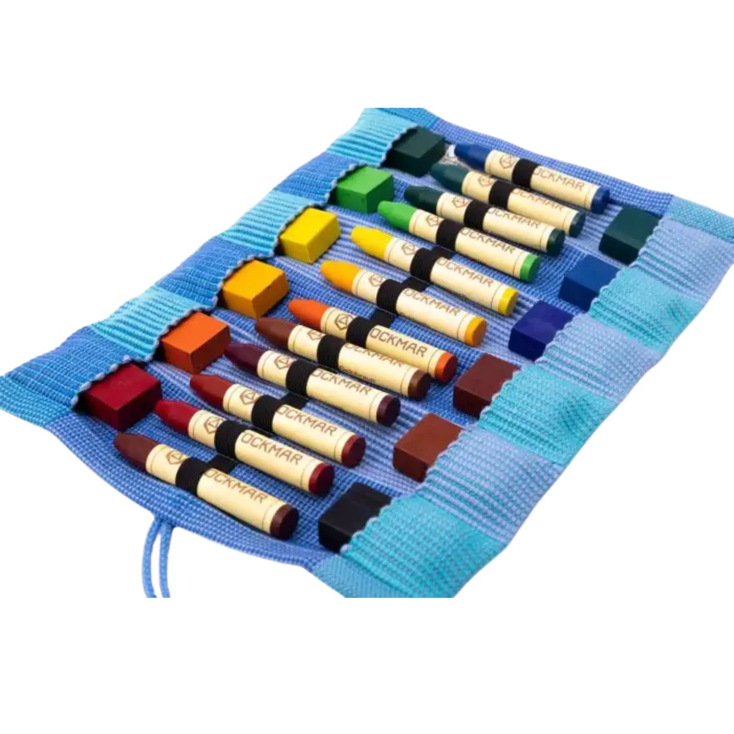 Set of crayons in a blue woven crayon case on a white background