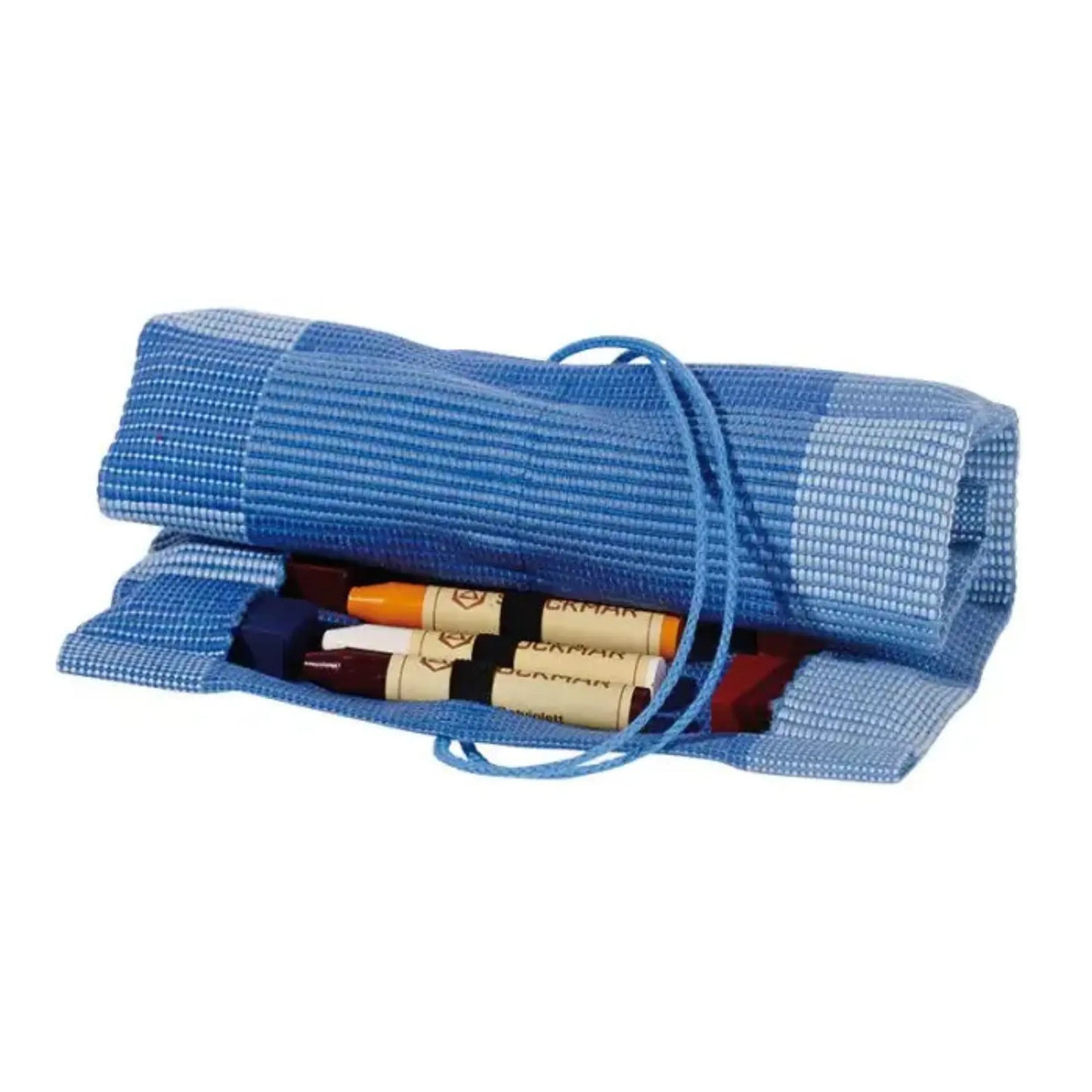 Blue crayon roll with colorful markers inside on a white background