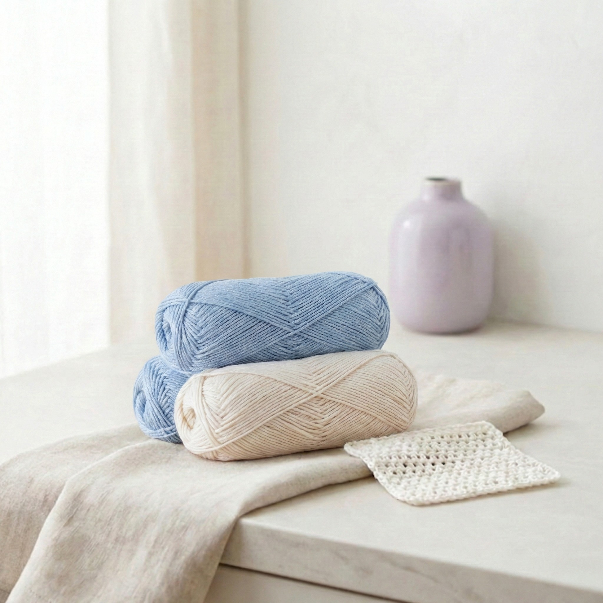 Three skeins of yarn in blue and beige on a wooden surface with a vase in the background.