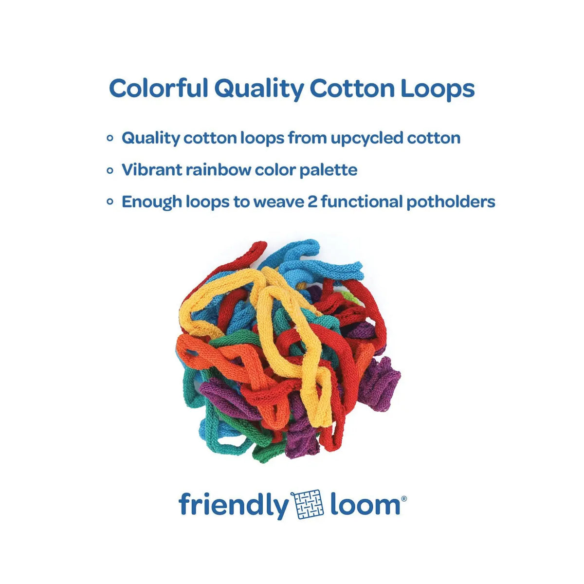 Rainbow cotton potholder loops made from upcycled cotton, enough to weave two potholders