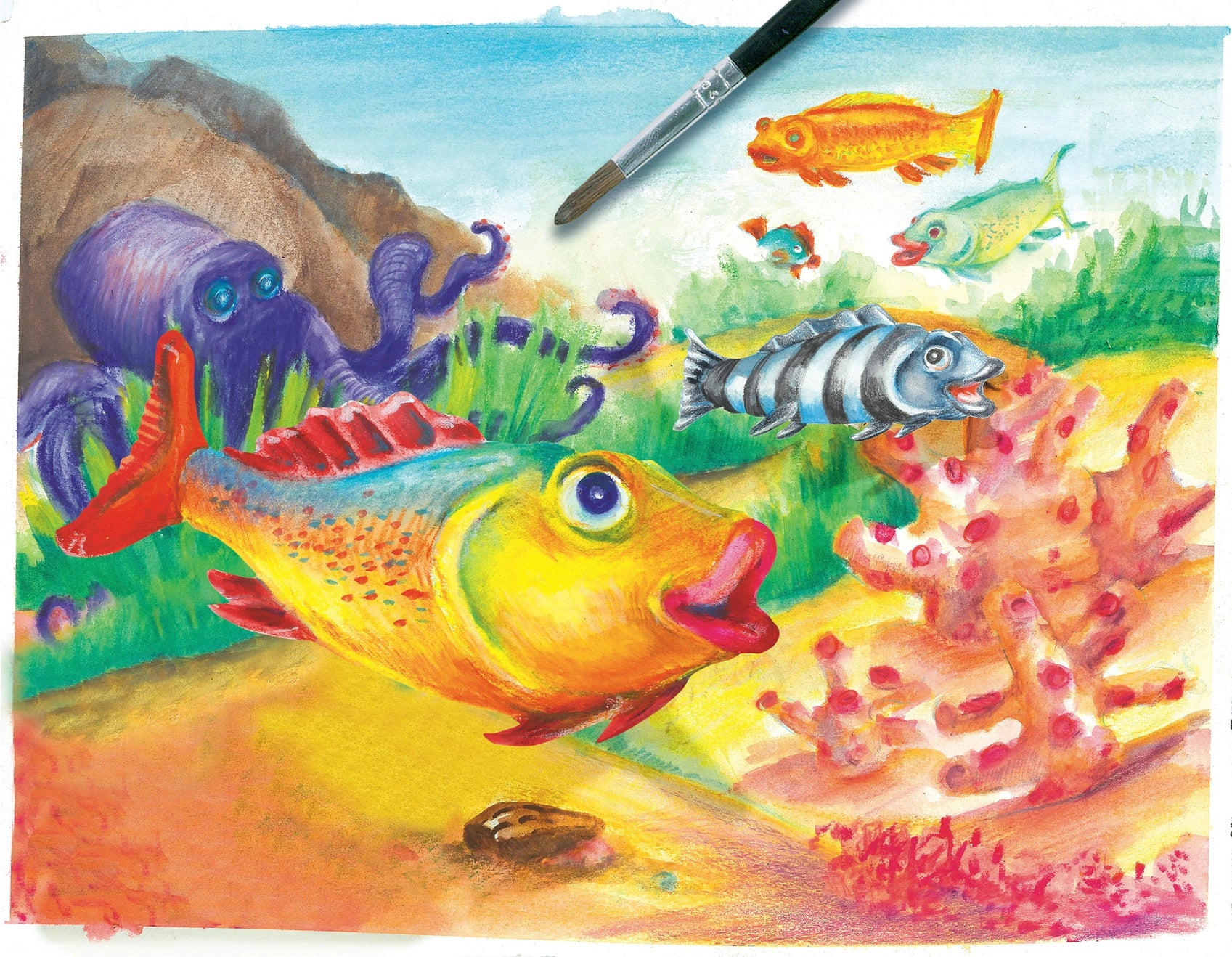Colorful underwater scene with fish, octopus, and coral on a white background.
