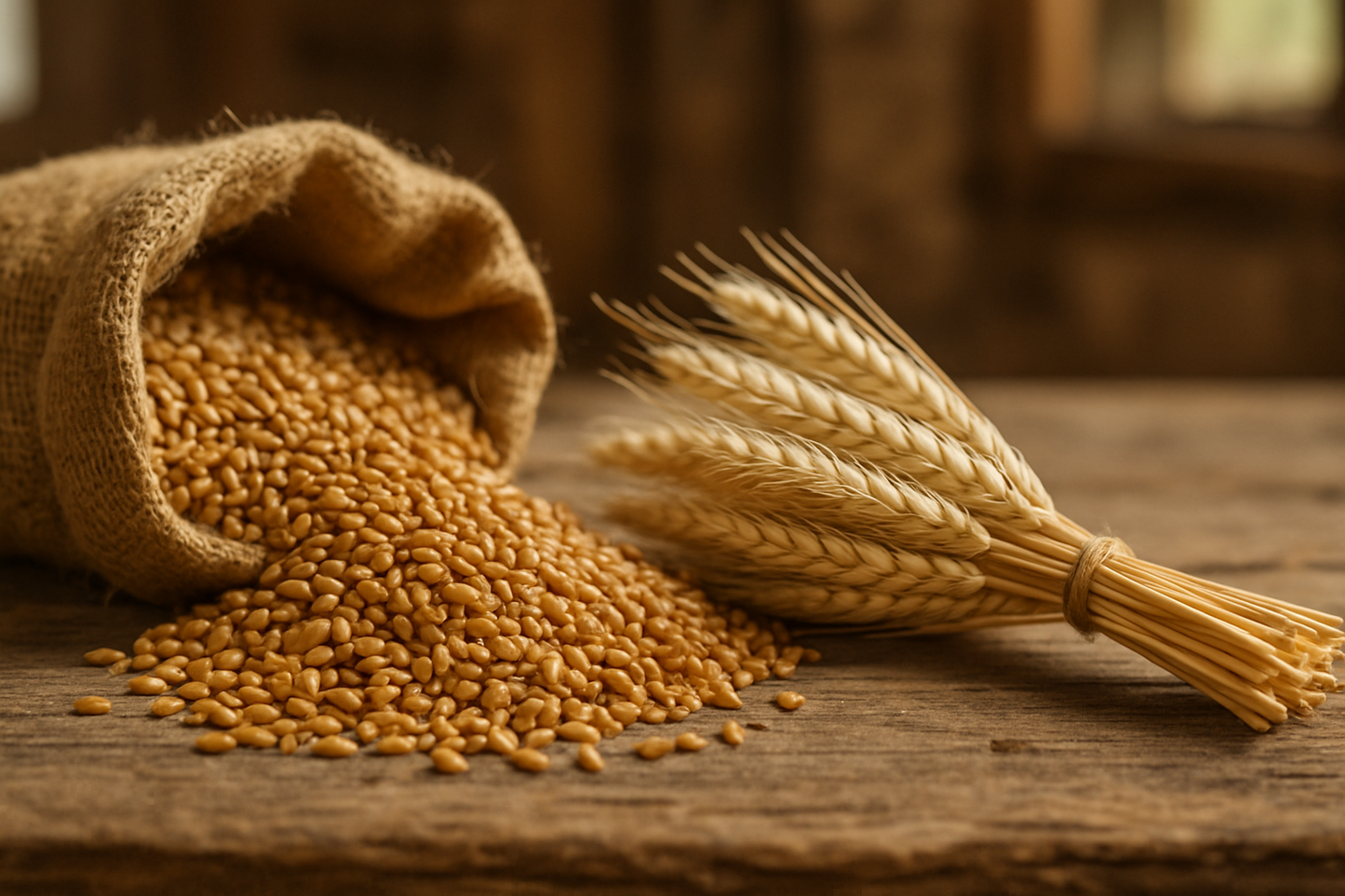 small burlap bag of wheat berry kernels on a wooden table next to a bouquet of wheat stalks