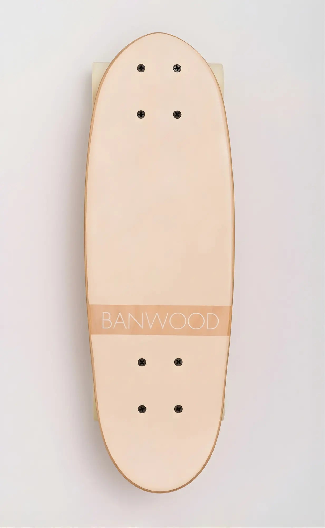 Plain wooden skateboard deck with 'BANWOOD' branding on a light background