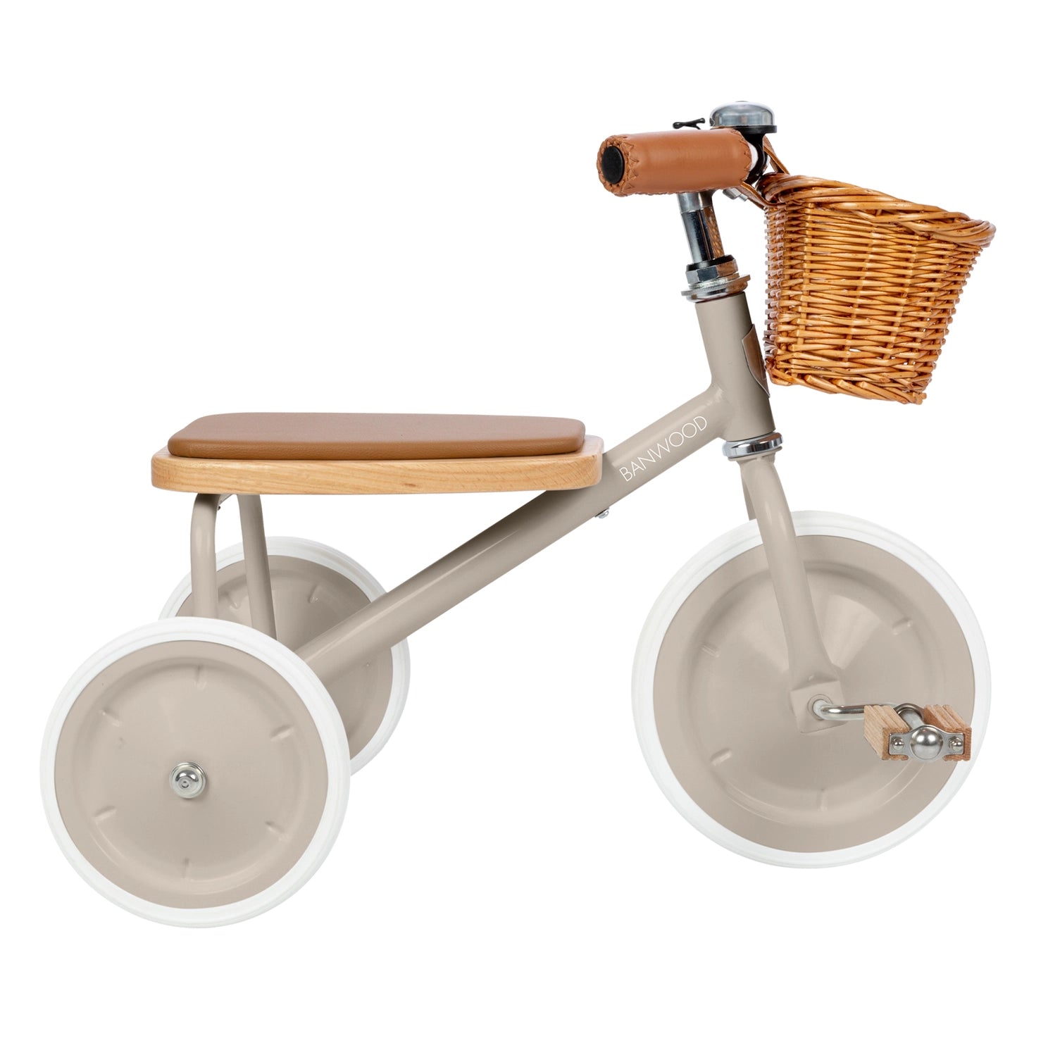 Children's tricycle with a brown seat and wicker basket on a white background