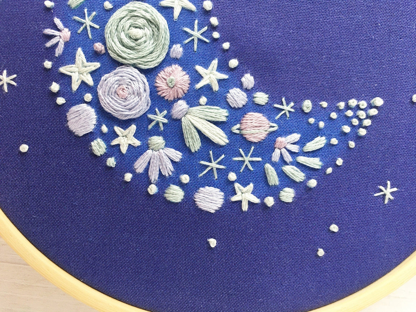 close up of crescent moon embroidery stitching showing textured thread work
